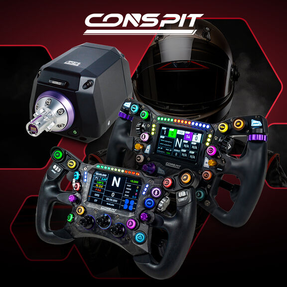 Conspit Hero image SimVerse sim racing wheels and base with illuminated controls and digital display.