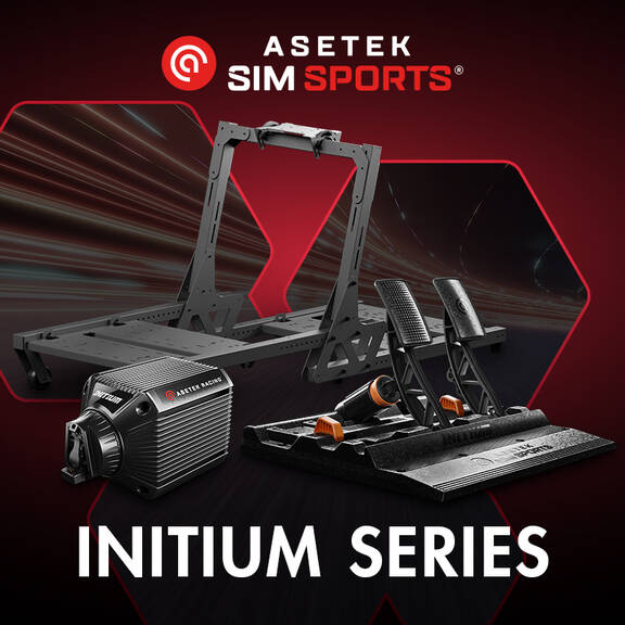 Asetek SimSports Initium Series Hero image SimVerse sim racing cockpit, wheelbase, and pedals.