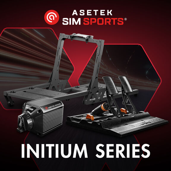 Asetek SimSports Initium Series Hero image SimVerse sim racing cockpit, wheelbase, and pedals.