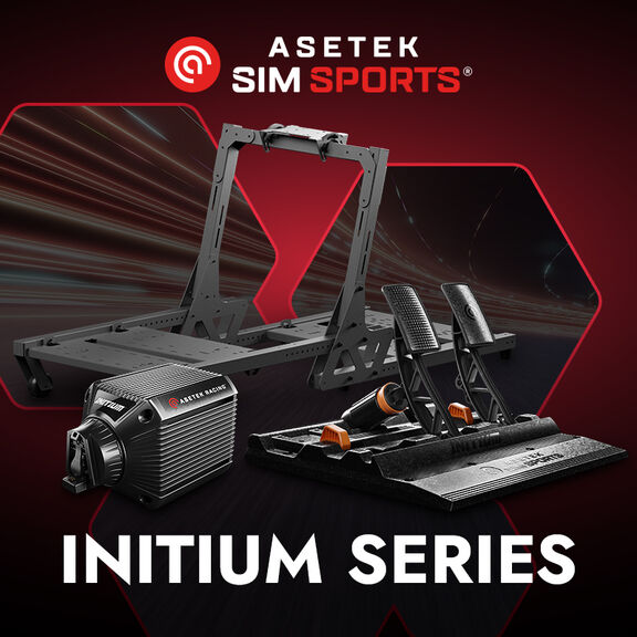 Asetek SimSports Initium Series Hero image SimVerse sim racing cockpit, wheelbase, and pedals.