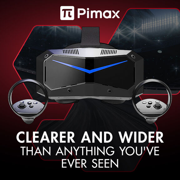 Pimax Crystal Super Hero image SimVerse VR headset and controllers for immersive sim racing.