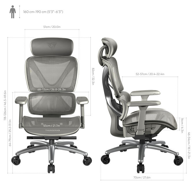 ThunderX3 XTC Ergonomic Office Chair Mesh Grey image number 5